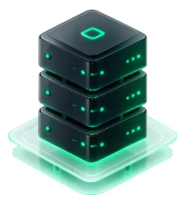 3D icon illustration of a stacked server rack with green status lights
