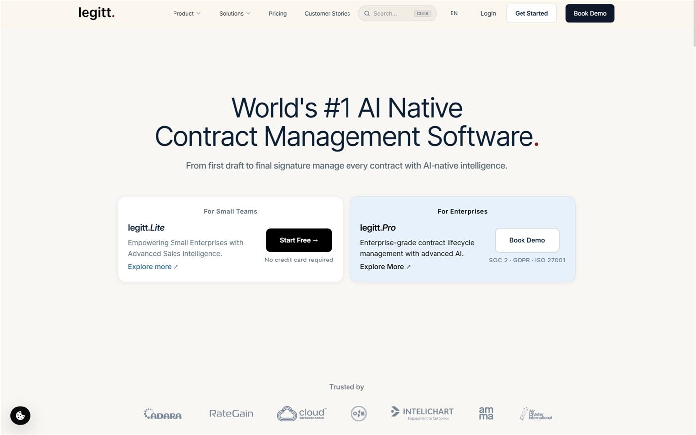 Legitt AI homepage showing the World's number one AI native contract management software hero section with Legitt Lite and Legitt Pro plan cards