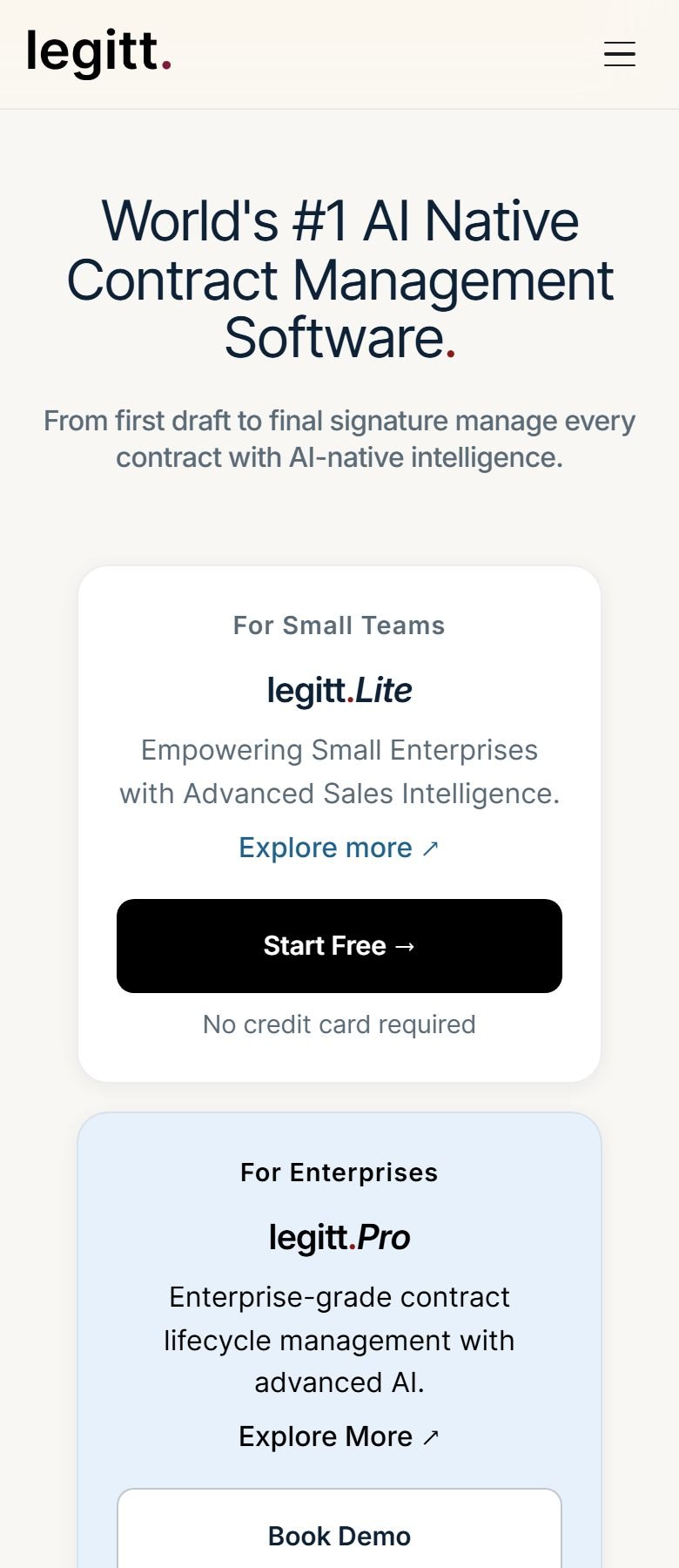 Legitt AI homepage on a mobile screen with stacked Legitt Lite and Legitt Pro plan cards