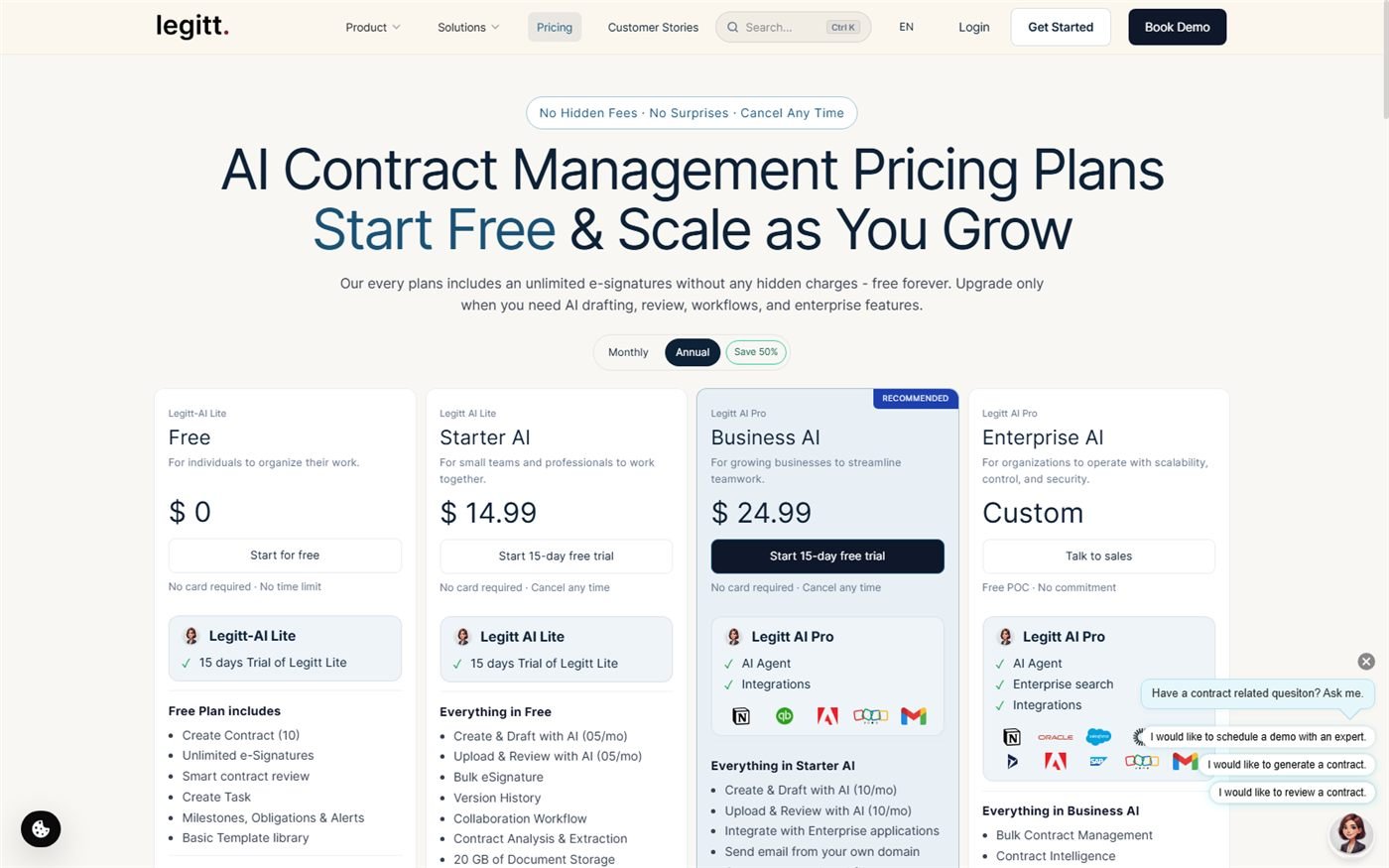 Legitt AI pricing page showing four tiers: Free, Starter AI, Business AI and Enterprise AI with feature breakdowns