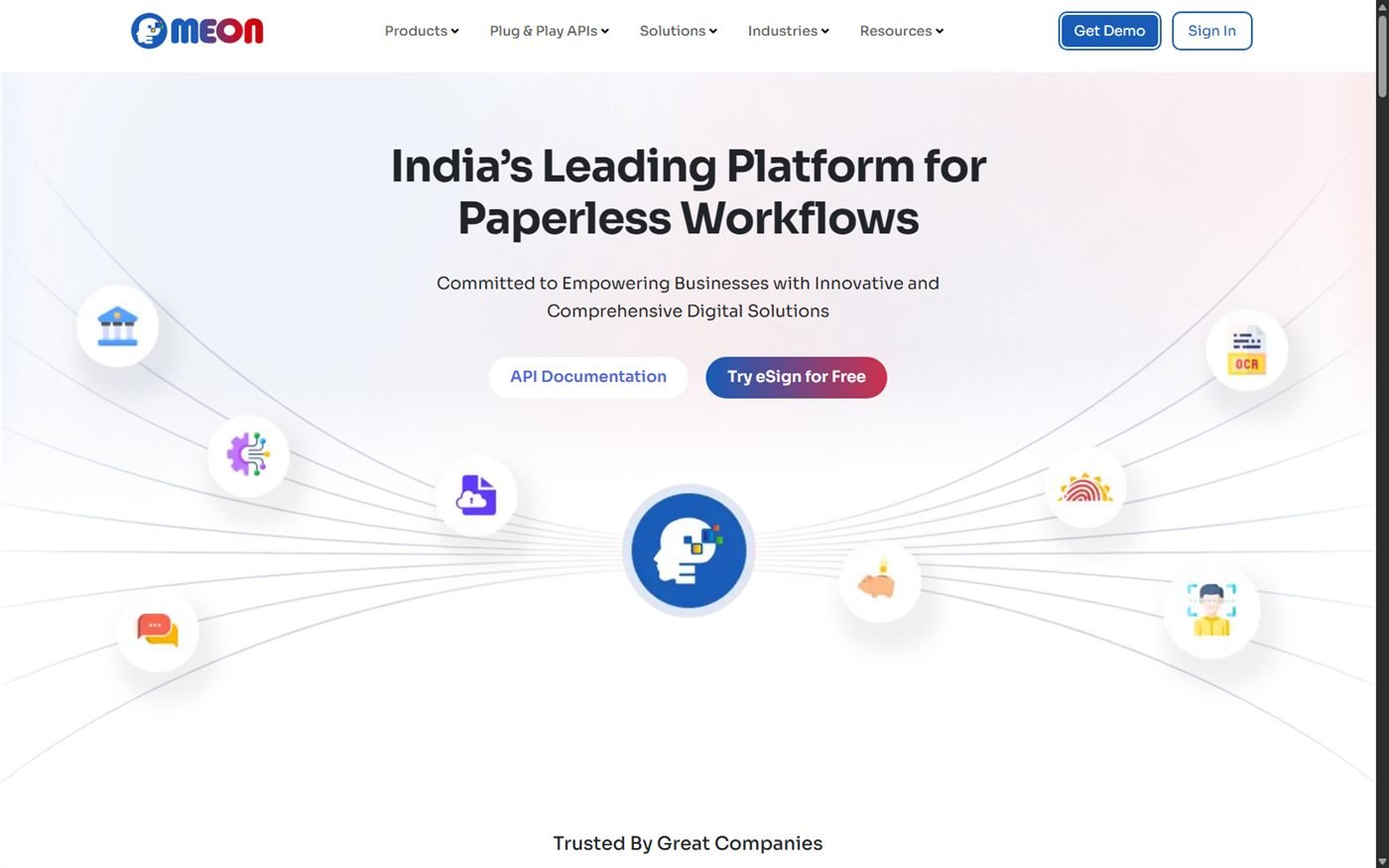 Meon Technologies homepage showing the India's Leading Platform for Paperless Workflows hero section