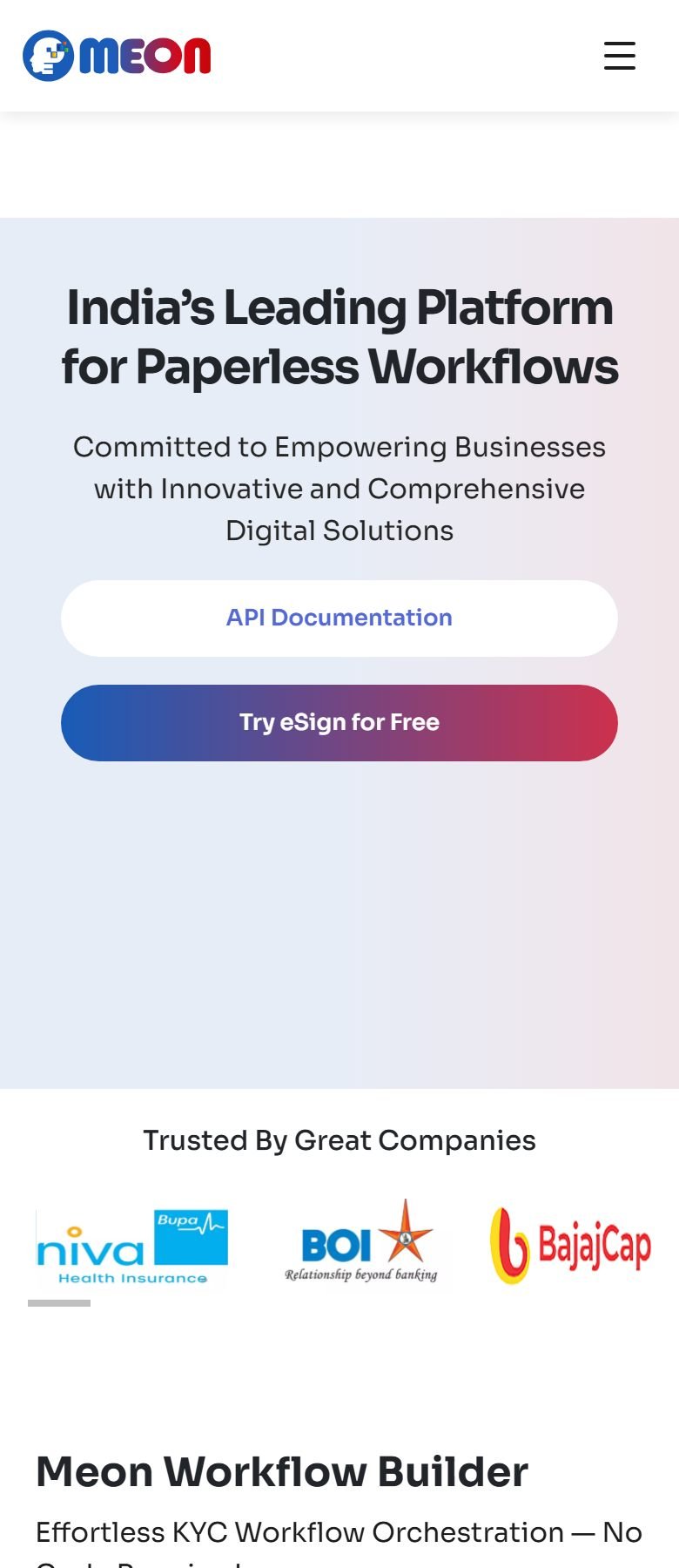 Meon Technologies homepage on a mobile screen with collapsed hamburger navigation and client logo strip