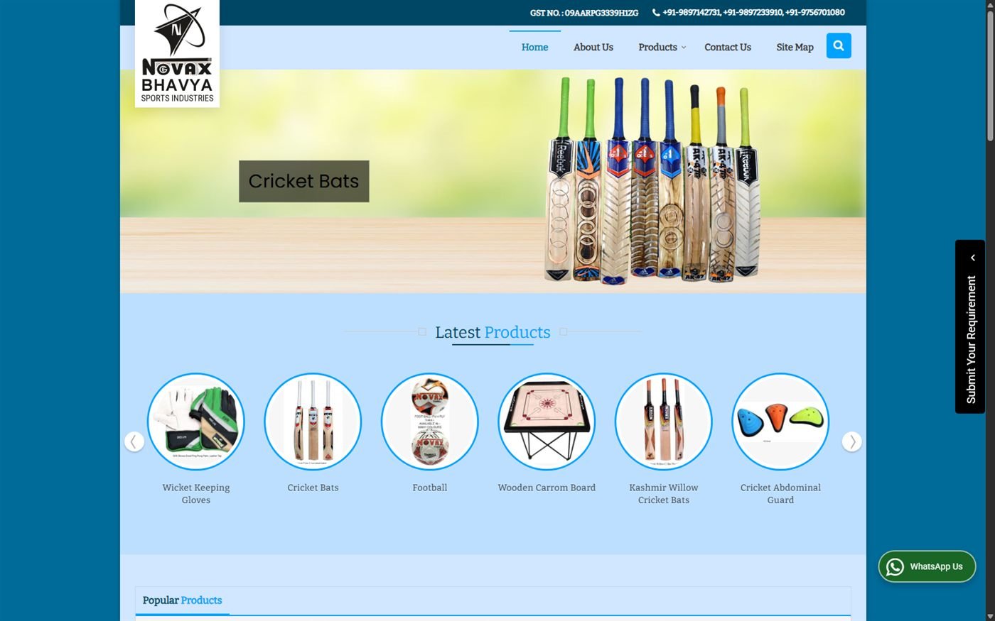 Novax Sports homepage showing the cricket bats hero banner and Latest Products carousel