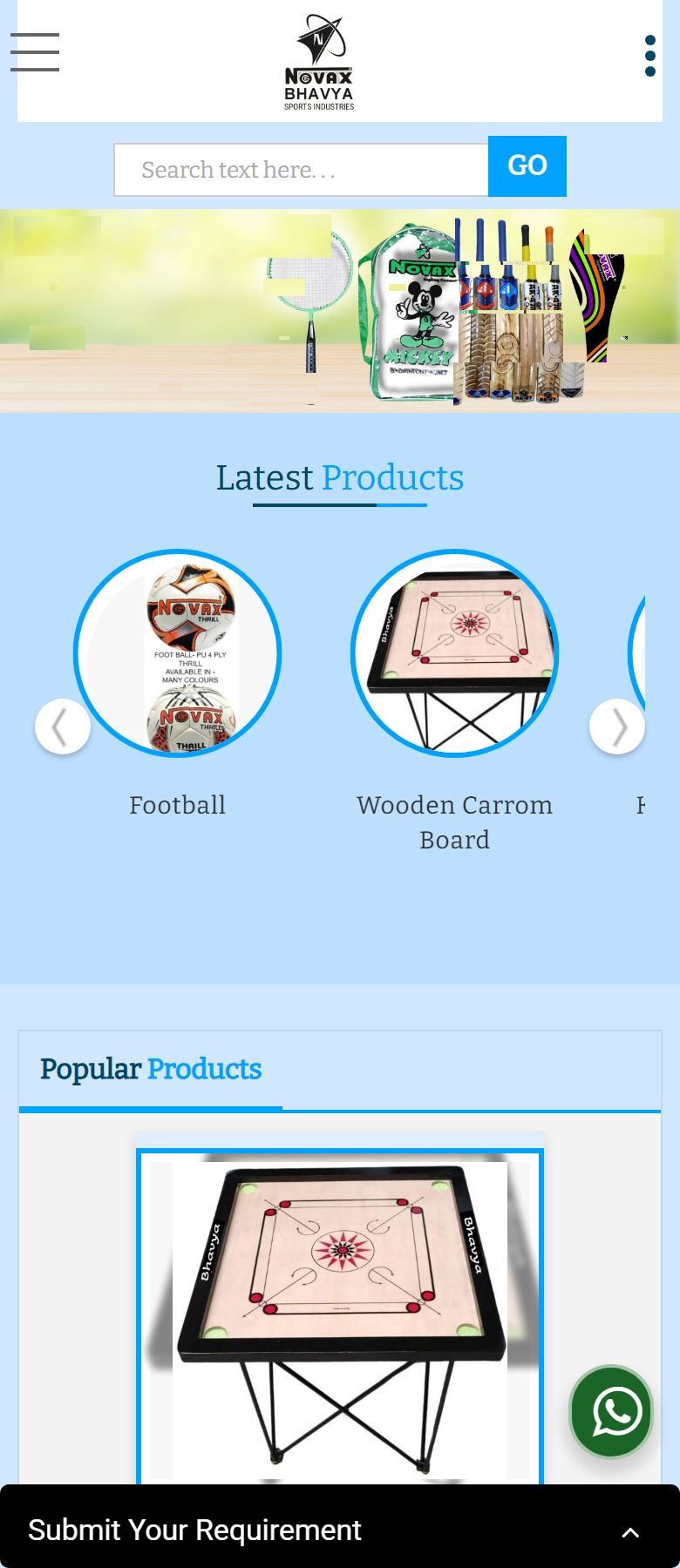 Novax Sports homepage on a mobile screen with collapsed hamburger navigation and swipeable product carousel