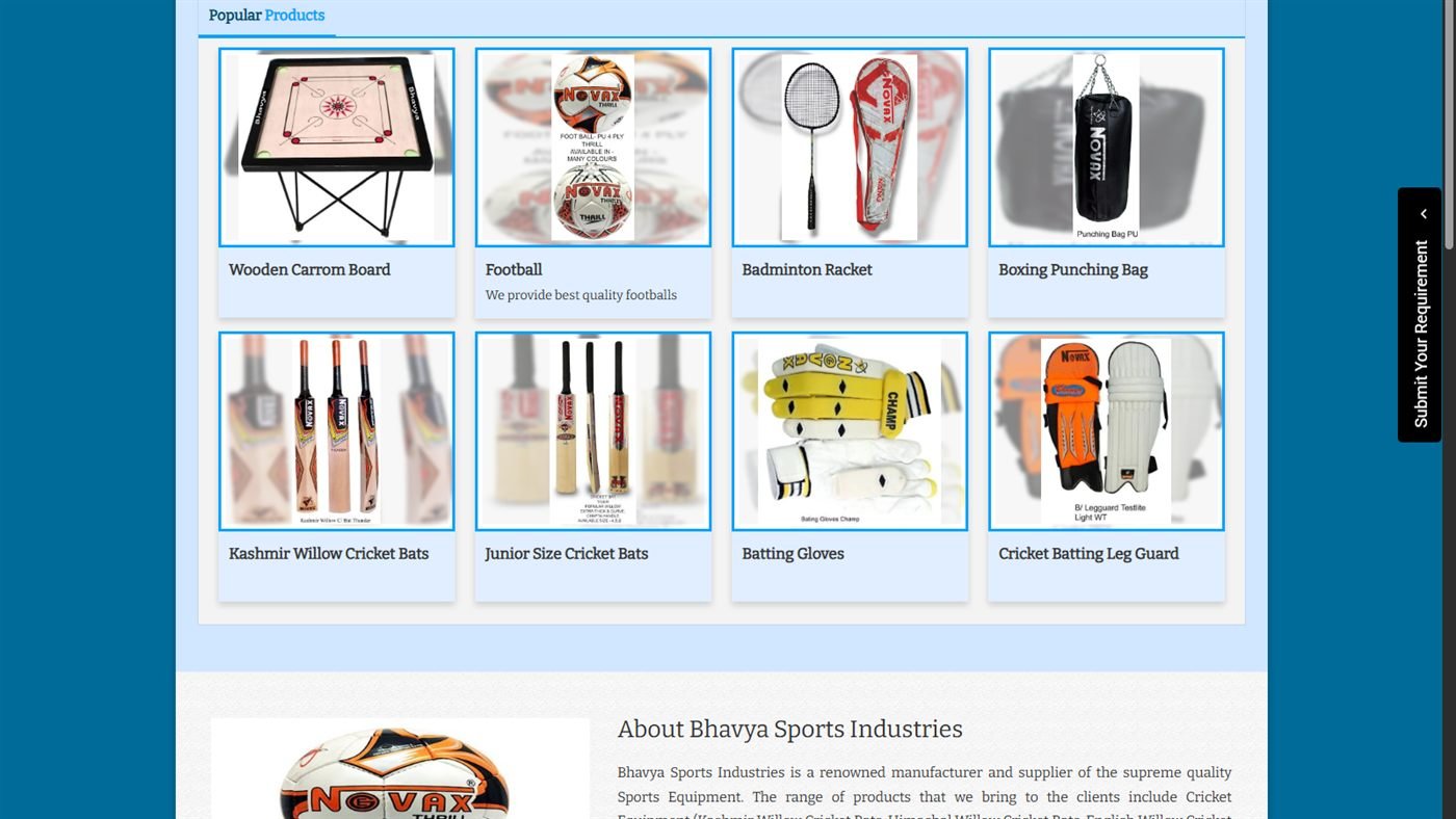 Novax Sports Popular Products grid showing wooden carrom board, football, badminton racket, boxing punching bag and cricket equipment