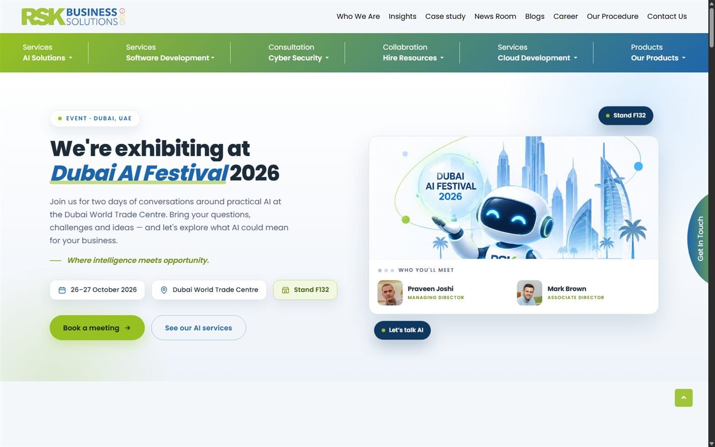 RSK Business Solutions homepage showing the Dubai AI Festival 2026 event announcement and leadership team