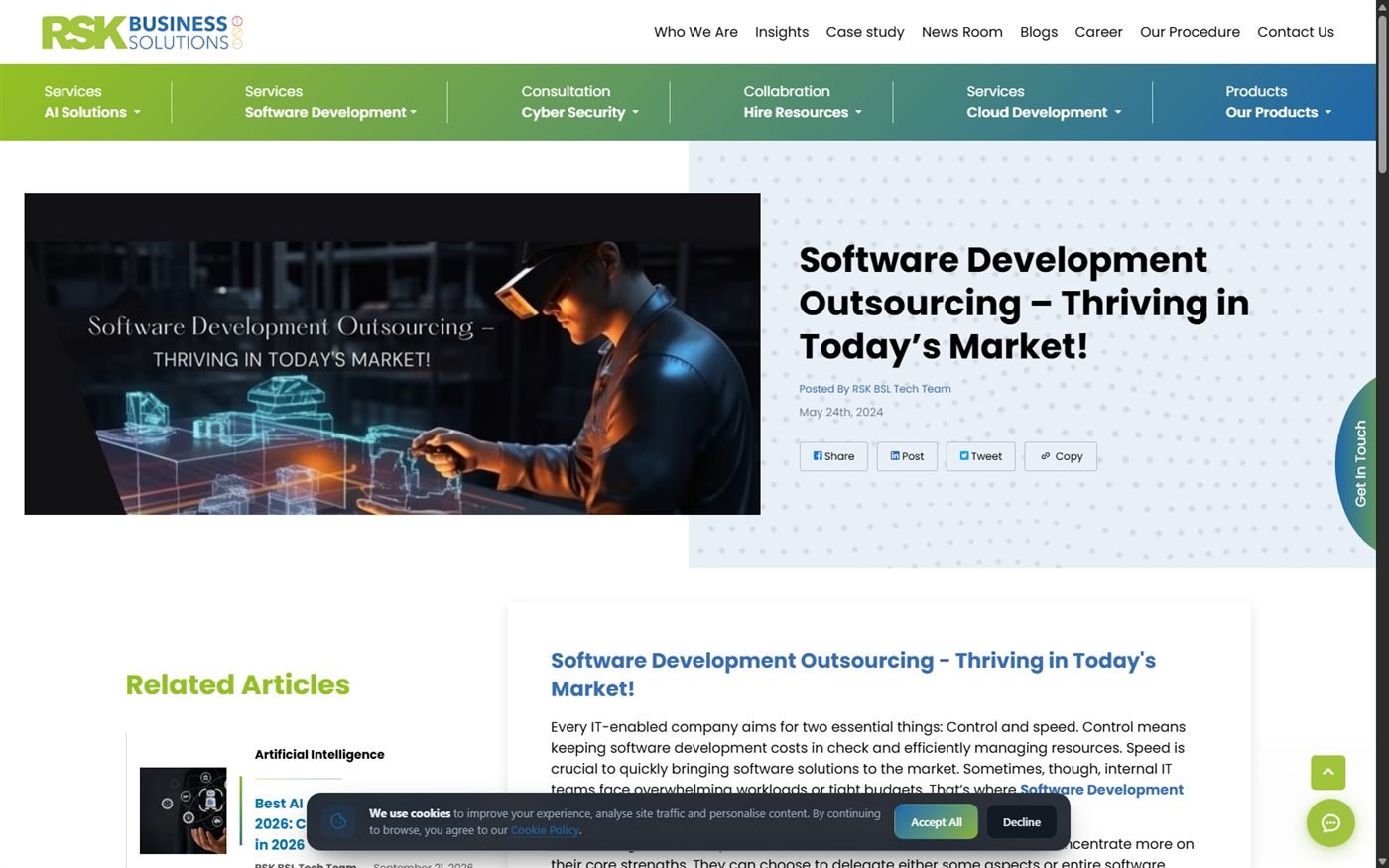 RSK Business Solutions blog article page showing the Software Development Outsourcing insights content with related articles