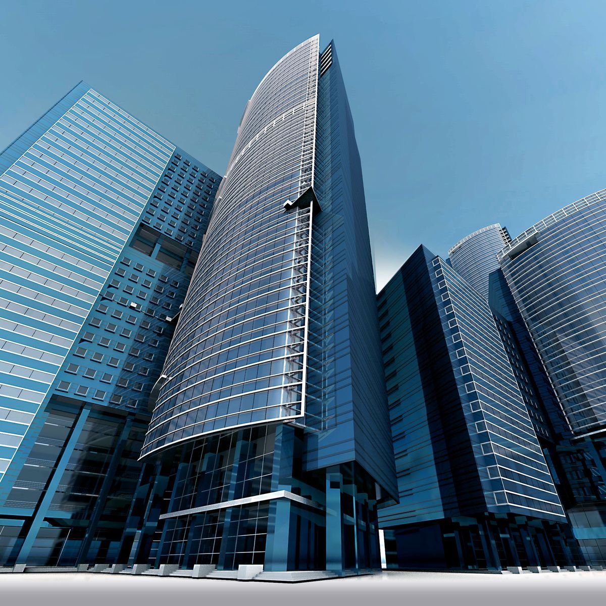 3D-rendered illustration of modern glass office skyscrapers