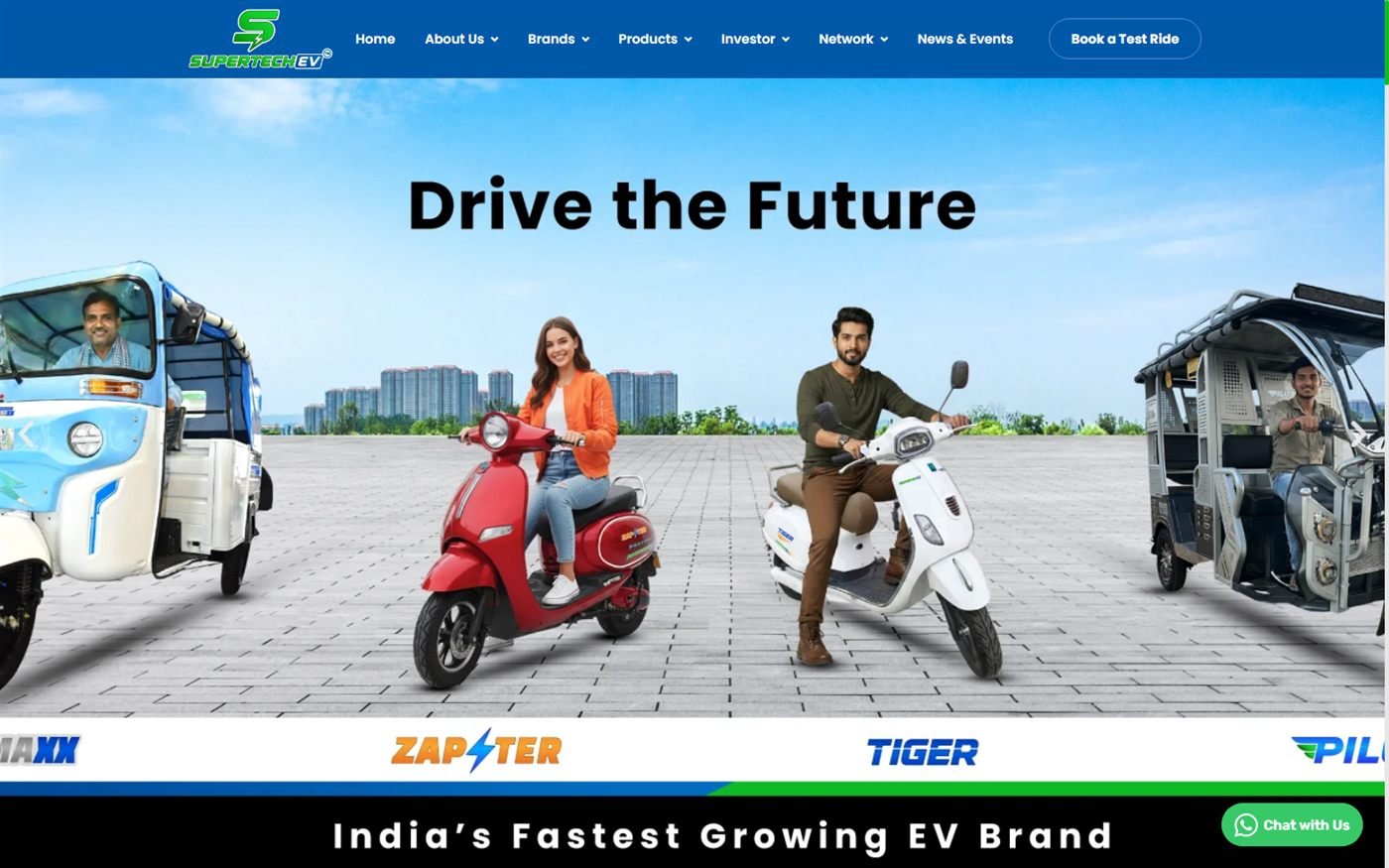 Supertech EV homepage showing the Drive the Future hero banner with Tiger, Zapster, Pilot and Maxx brand logos