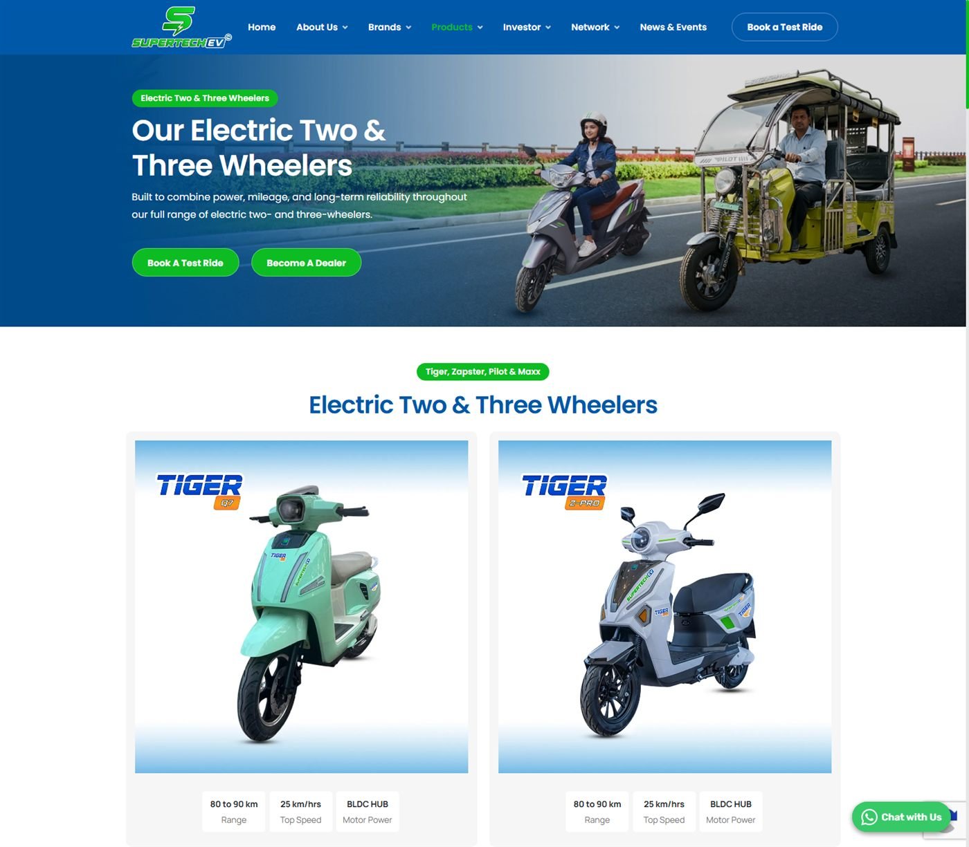 Supertech EV product catalogue page showing Tiger Q7 and Tiger Z-Pro electric scooter spec cards